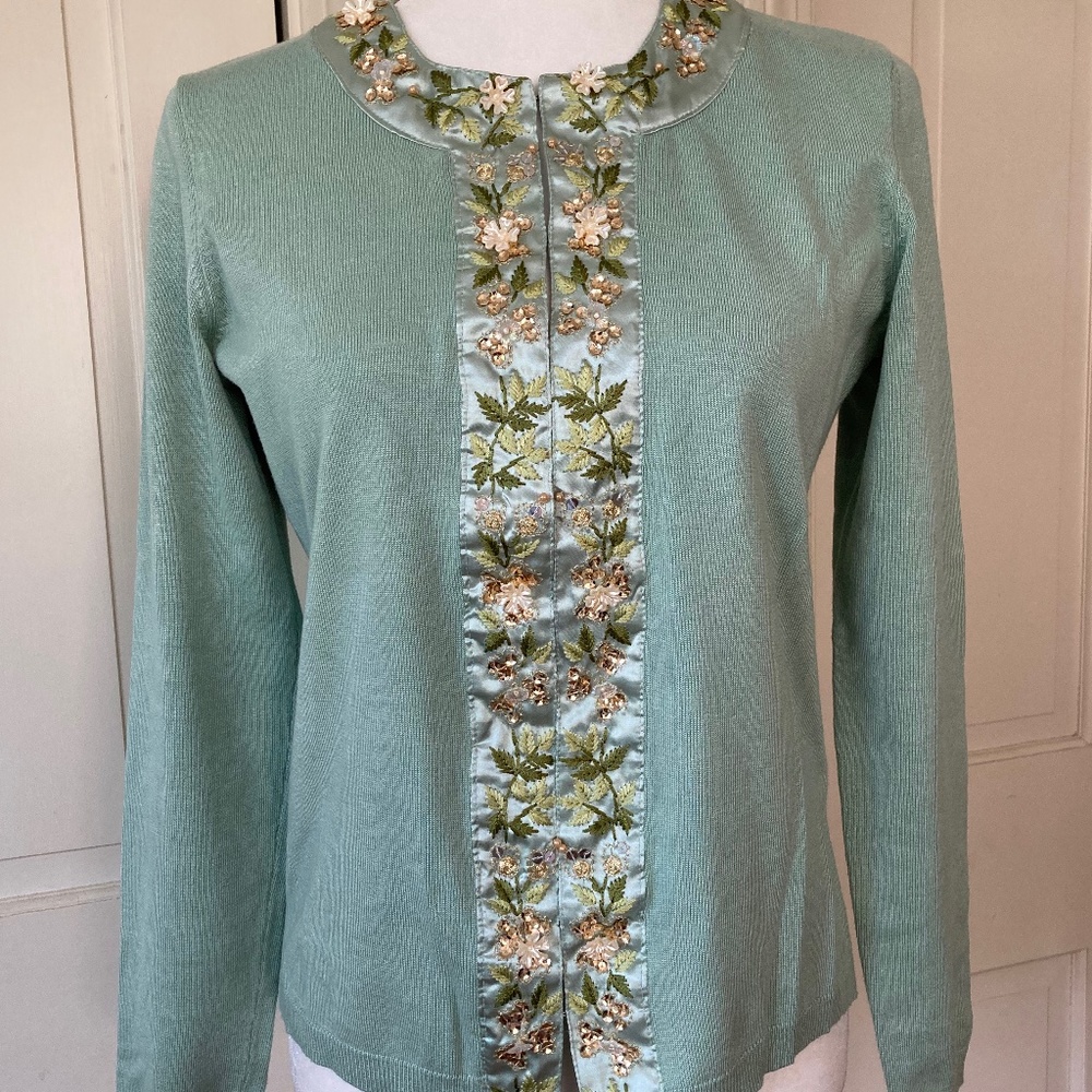 Vintage Satin Beaded Mint Cardigan
